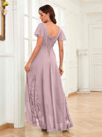 Mother of the Bride Chiffon Dress – Lace Ruched V-Neck High Low Formal Dress with Short Sleeves oaklynwear