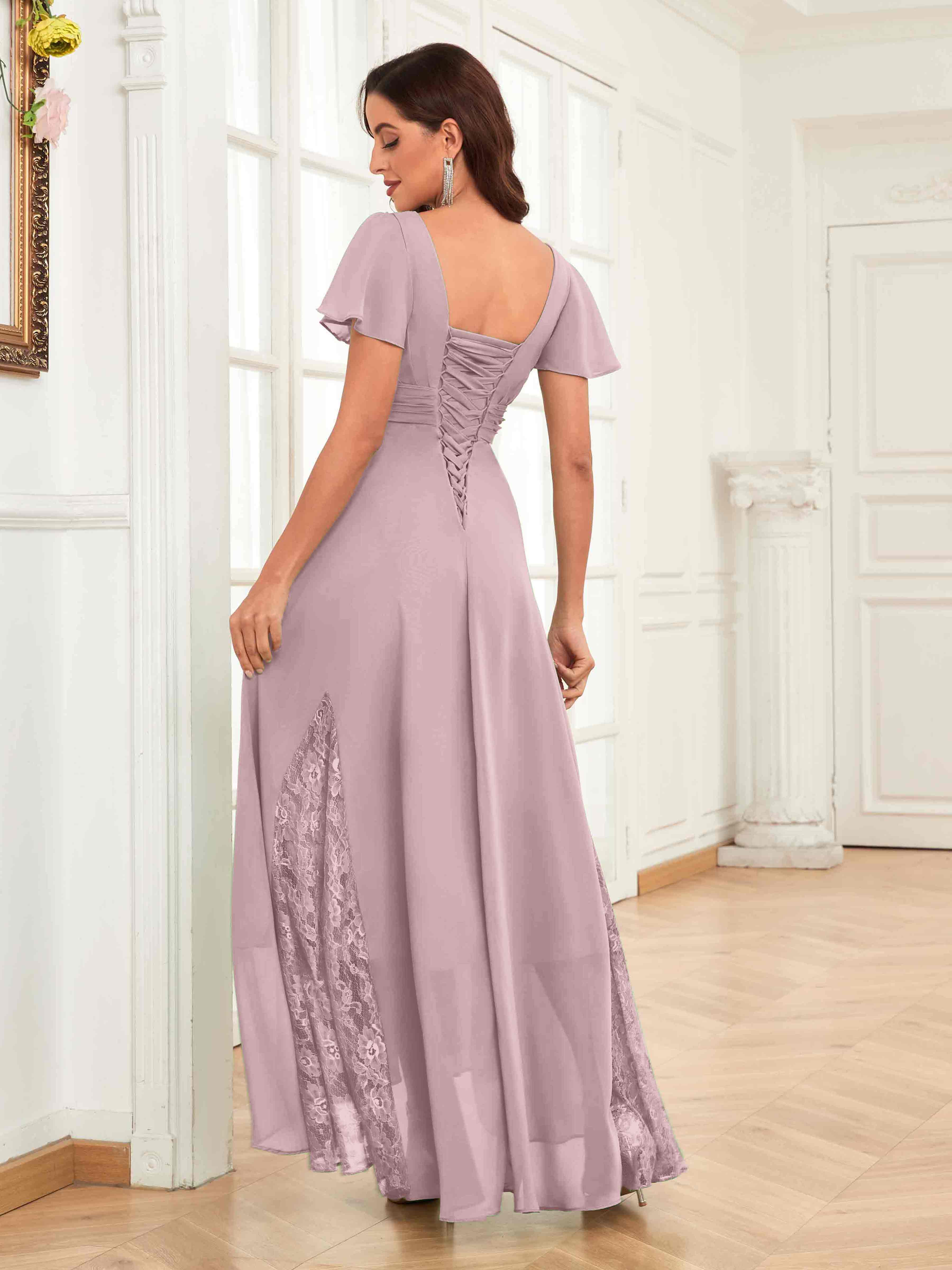Mother of the Bride Chiffon Dress – Lace Ruched V-Neck High Low Formal Dress with Short Sleeves oaklynwear