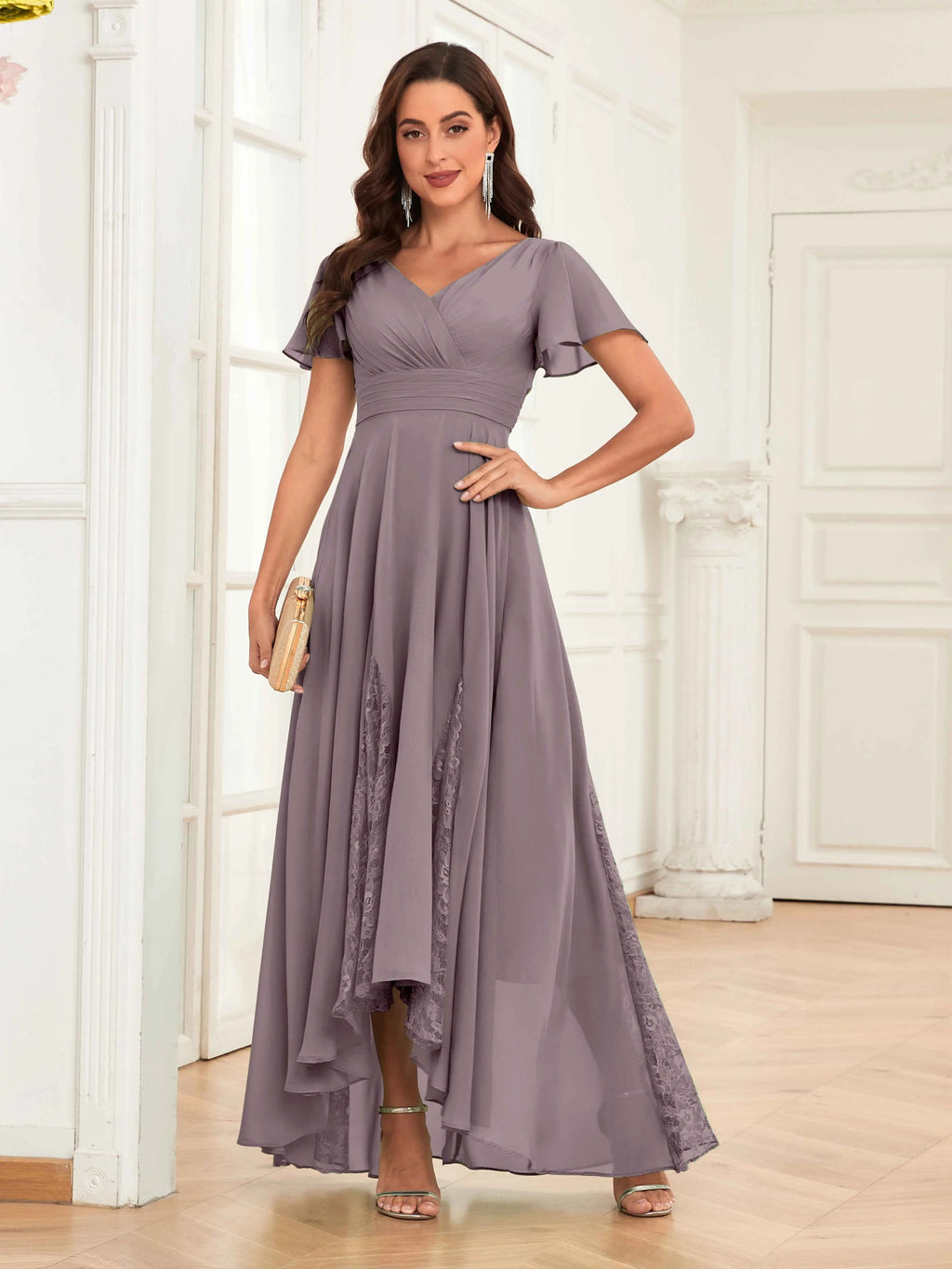 Mother of the Bride Chiffon Dress – Lace Ruched V-Neck High Low Formal Dress with Short Sleeves oaklynwear