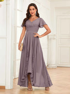 Mother of the Bride Chiffon Dress – Lace Ruched V-Neck High Low Formal Dress with Short Sleeves oaklynwear