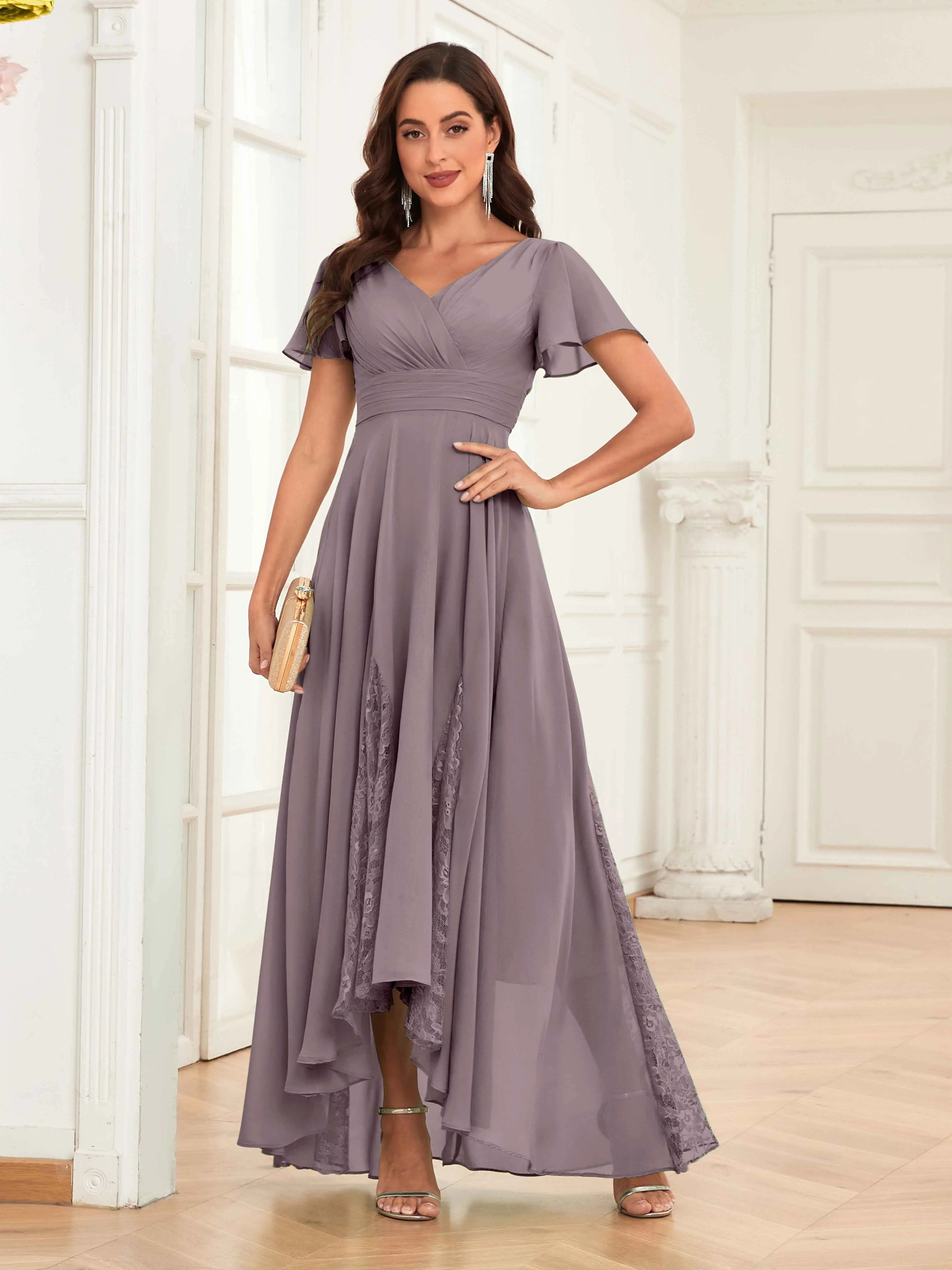 Mother of the Bride Chiffon Dress – Lace Ruched V-Neck High Low Formal Dress with Short Sleeves oaklynwear