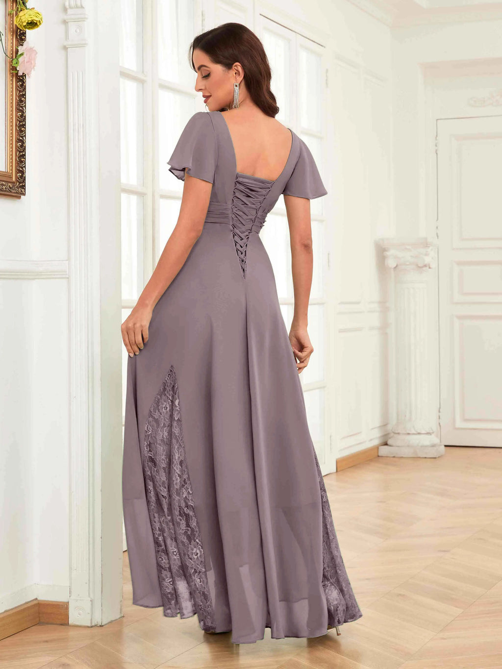 Mother of the Bride Chiffon Dress – Lace Ruched V-Neck High Low Formal Dress with Short Sleeves oaklynwear