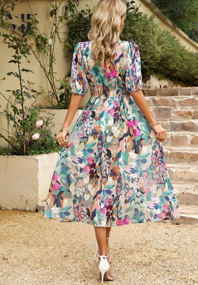 Oaklyn Floral Tea Length Dress – V-Neck Short Sleeve Feminine Style oaklynwear