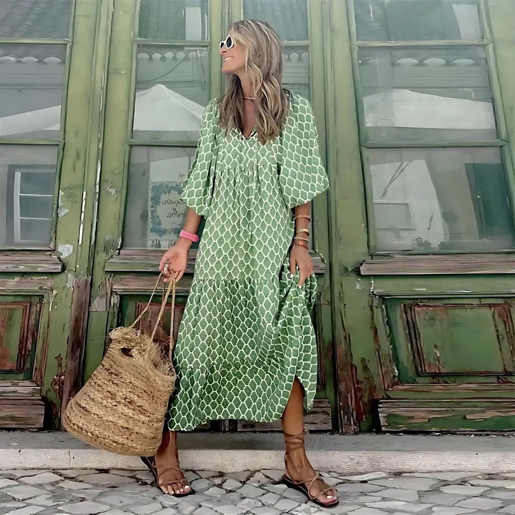 Oaklyn Green Polka Dot Maxi Dress – V-Neck Tie Collar Kaftan Style Spring Summer oaklynwear