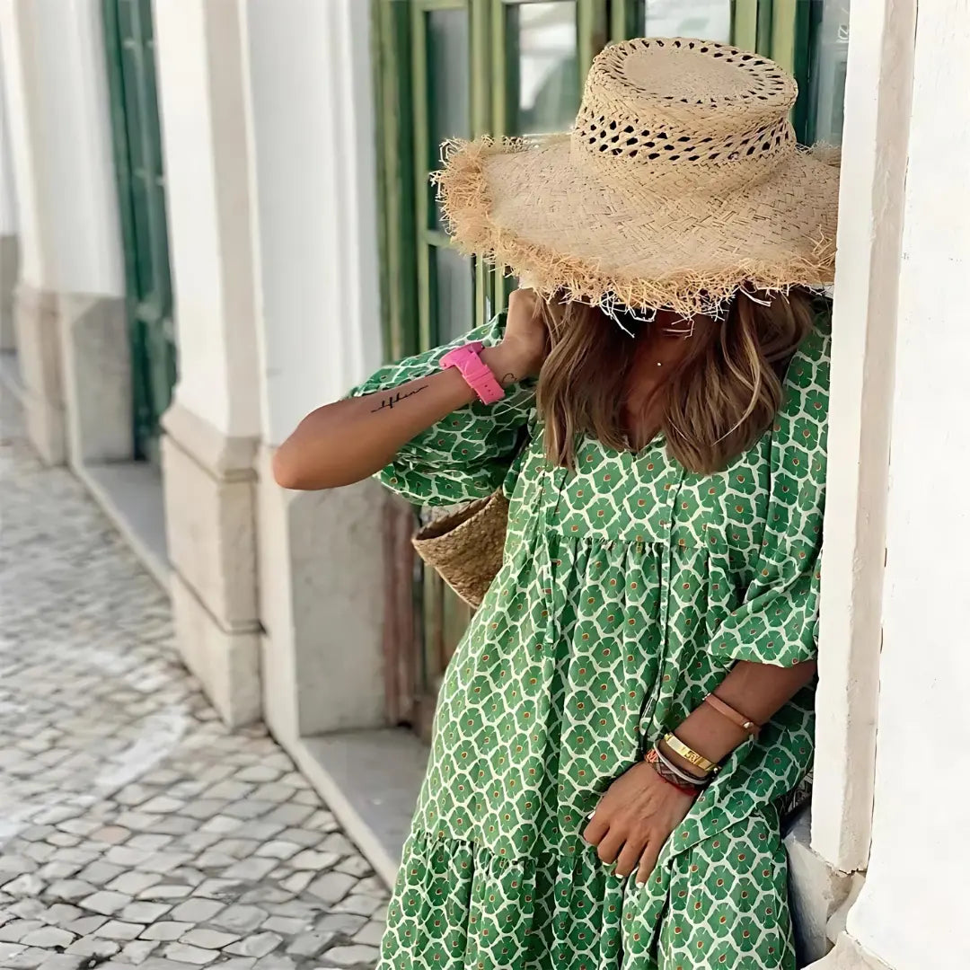 Oaklyn Green Polka Dot Maxi Dress – V-Neck Tie Collar Kaftan Style Spring Summer oaklynwear