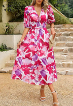 Oaklyn Floral Tea Length Dress – V-Neck Short Sleeve Feminine Style oaklynwear