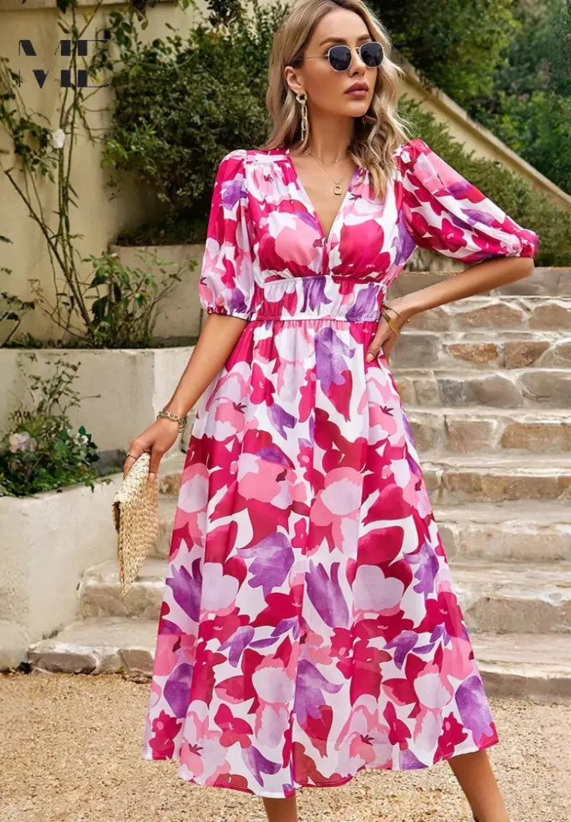 Oaklyn Floral Tea Length Dress – V-Neck Short Sleeve Feminine Style oaklynwear