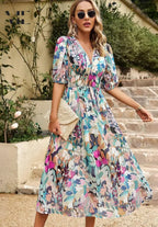Oaklyn Floral Tea Length Dress – V-Neck Short Sleeve Feminine Style oaklynwear