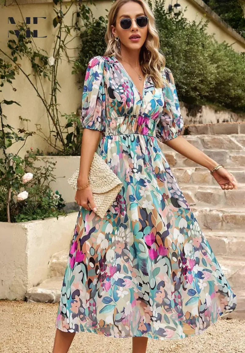 Oaklyn Floral Tea Length Dress – V-Neck Short Sleeve Feminine Style oaklynwear