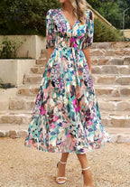 Oaklyn Floral Tea Length Dress – V-Neck Short Sleeve Feminine Style oaklynwear