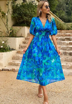 Oaklyn Floral Tea Length Dress – V-Neck Short Sleeve Feminine Style oaklynwear