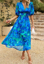 Oaklyn Floral Tea Length Dress – V-Neck Short Sleeve Feminine Style oaklynwear