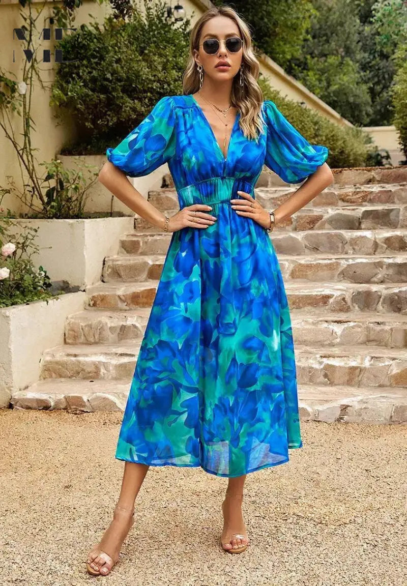 Oaklyn Floral Tea Length Dress – V-Neck Short Sleeve Feminine Style oaklynwear