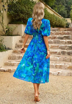 Oaklyn Floral Tea Length Dress – V-Neck Short Sleeve Feminine Style oaklynwear