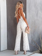 Women's Lace Jumpsuit - V-Neck - Double Spaghetti Strap - Open Cross Back - Wide Leg - Jumpsuit for Wedding oaklynwear