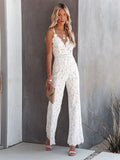 Women's Lace Jumpsuit - V-Neck - Double Spaghetti Strap - Open Cross Back - Wide Leg - Jumpsuit for Wedding oaklynwear