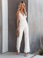 Women's Lace Jumpsuit - V-Neck - Double Spaghetti Strap - Open Cross Back - Wide Leg - Jumpsuit for Wedding oaklynwear
