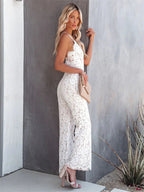Women's Lace Jumpsuit - V-Neck - Double Spaghetti Strap - Open Cross Back - Wide Leg - Jumpsuit for Wedding oaklynwear