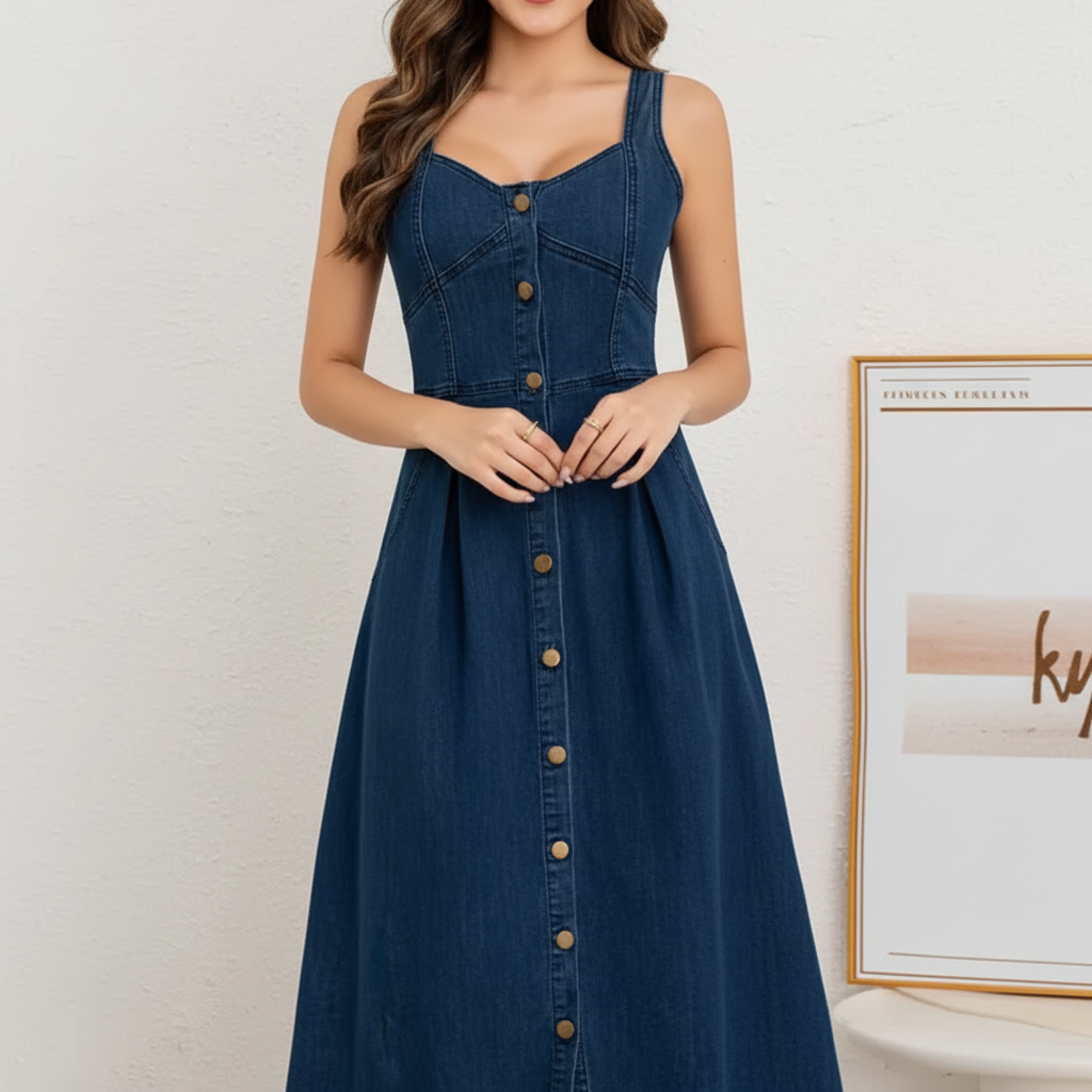 Solara | Sweetheart Denim Button-Front Midi Dress oaklynwear