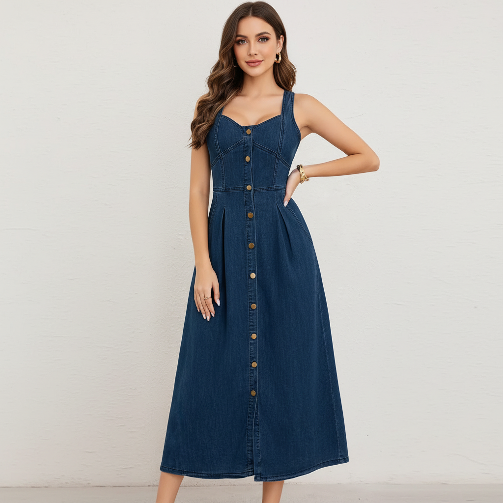 Solara | Sweetheart Denim Button-Front Midi Dress oaklynwear