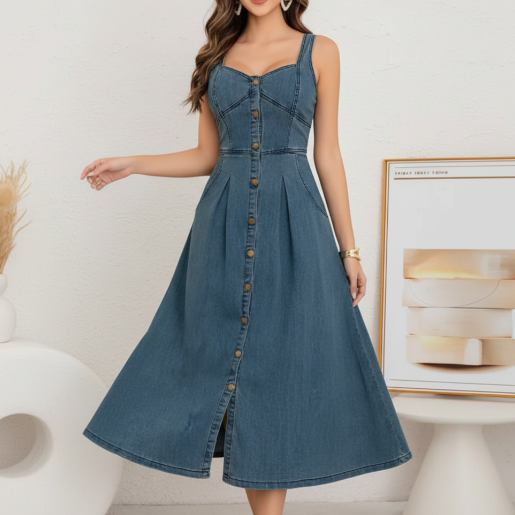 Solara | Sweetheart Denim Button-Front Midi Dress oaklynwear