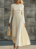 Women's Long Sleeve Pleated Midi Dress with Round Neck and Ribbed Bodice oaklynwear