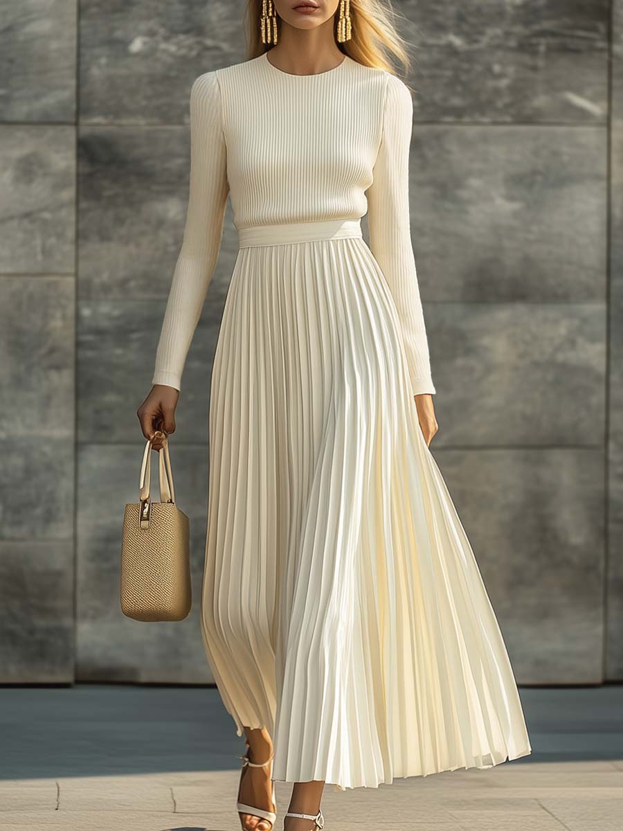 Women's Long Sleeve Pleated Midi Dress with Round Neck and Ribbed Bodice oaklynwear