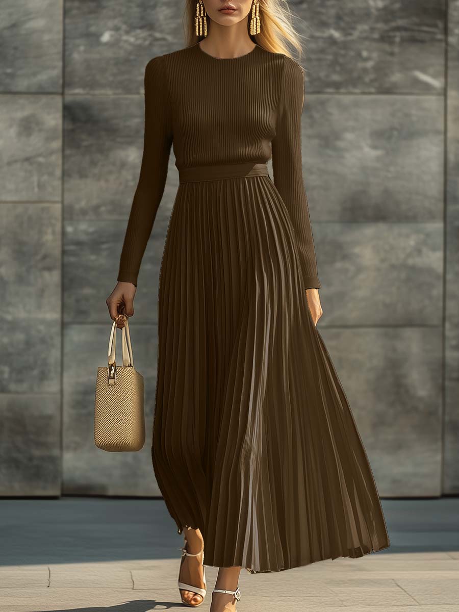 Women's Long Sleeve Pleated Midi Dress with Round Neck and Ribbed Bodice oaklynwear