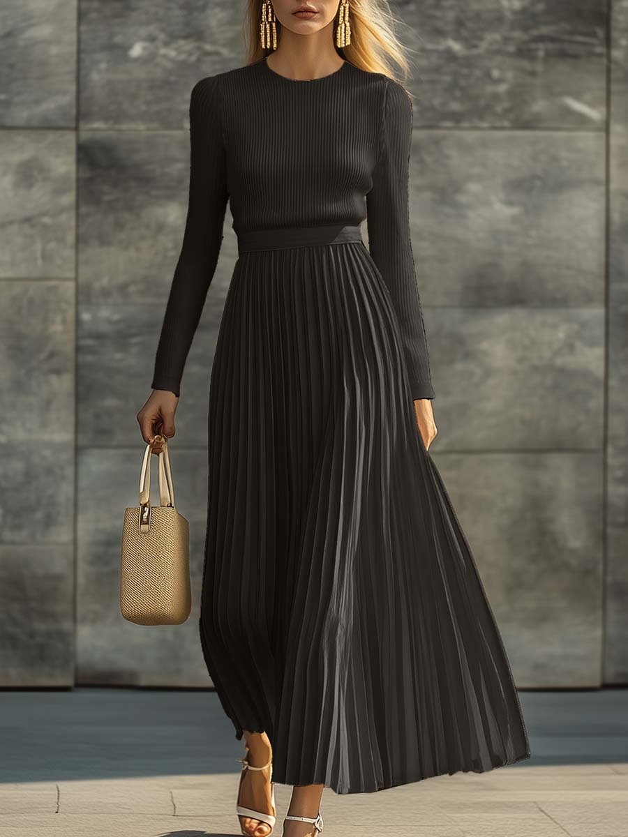 Women's Long Sleeve Pleated Midi Dress with Round Neck and Ribbed Bodice oaklynwear