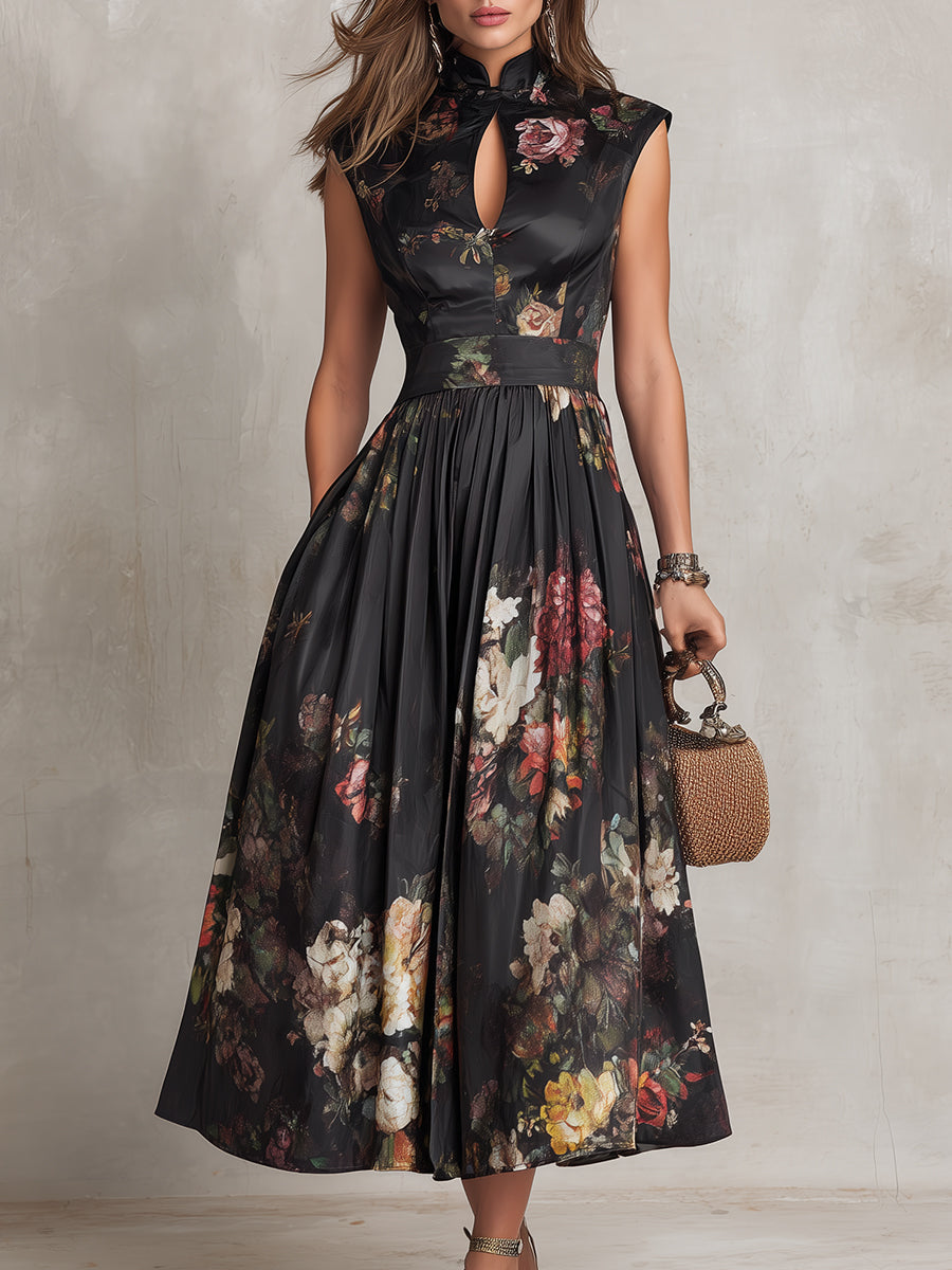 Black Keyhole Collar Floral Pleated Satin Midi Dress oaklynwear