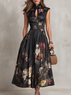 Black Keyhole Collar Floral Pleated Satin Midi Dress oaklynwear