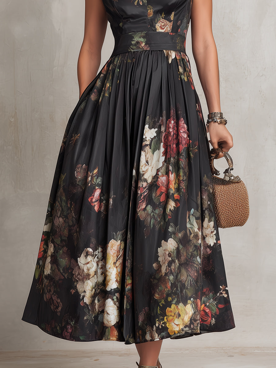 Black Keyhole Collar Floral Pleated Satin Midi Dress oaklynwear