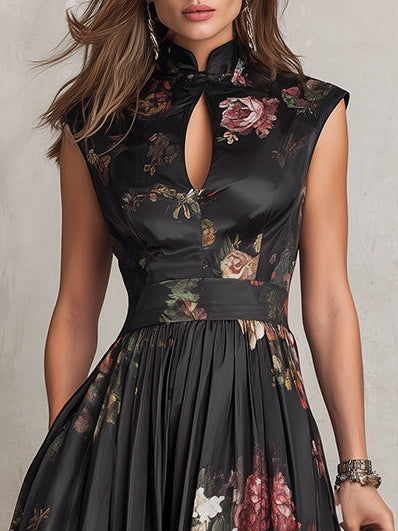 Black Keyhole Collar Floral Pleated Satin Midi Dress oaklynwear
