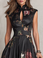 Black Keyhole Collar Floral Pleated Satin Midi Dress oaklynwear