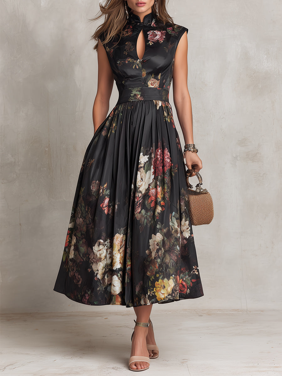 Black Keyhole Collar Floral Pleated Satin Midi Dress oaklynwear