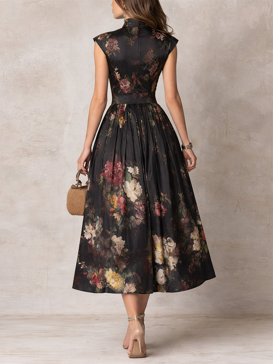 Black Keyhole Collar Floral Pleated Satin Midi Dress oaklynwear