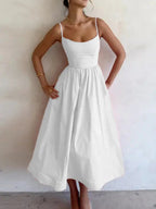 Zoe's – Women's U-Neck Pleated Midi Dress with Spaghetti Straps –... oaklynwear