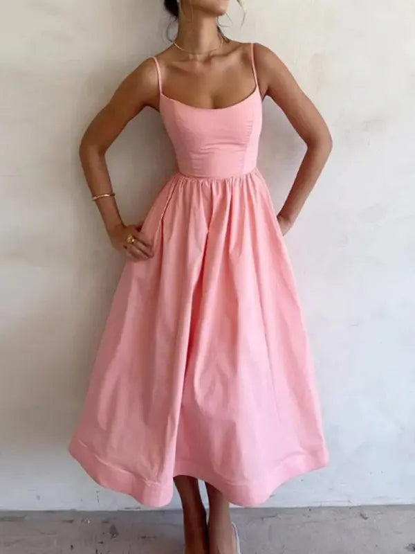 Zoe's – Women's U-Neck Pleated Midi Dress with Spaghetti Straps –... oaklynwear