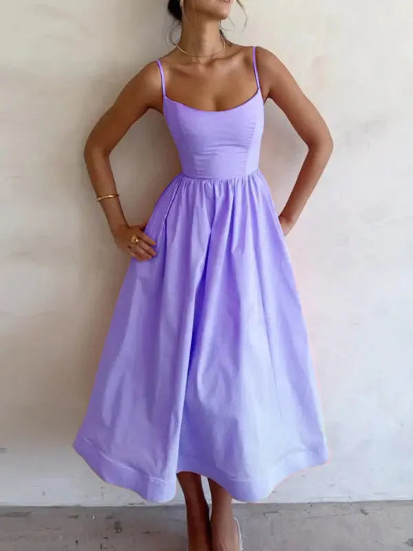 Zoe's – Women's U-Neck Pleated Midi Dress with Spaghetti Straps –... oaklynwear