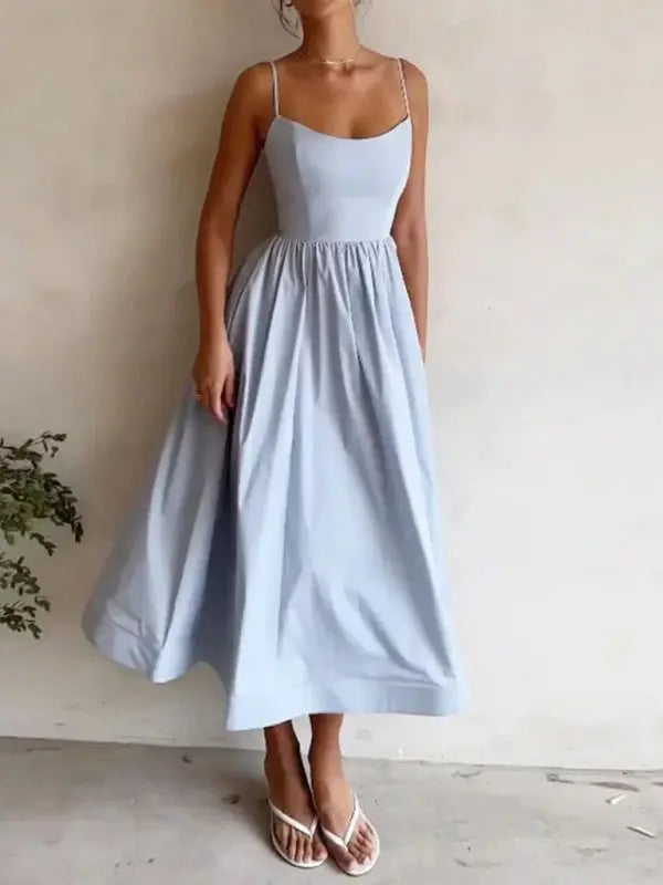 Zoe's – Women's U-Neck Pleated Midi Dress with Spaghetti Straps –... oaklynwear