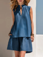 Azure | Tencel V-Neck Top Shorts Set oaklynwear