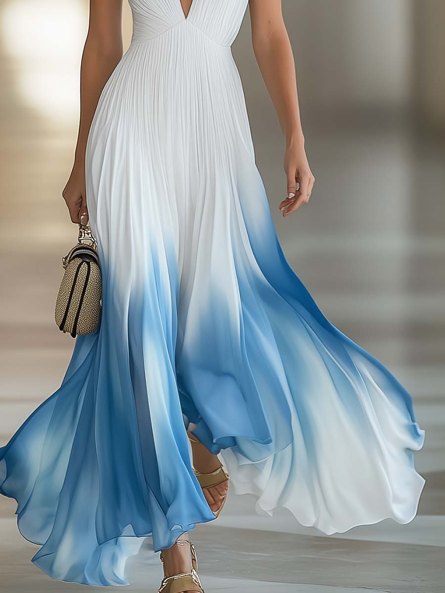 Elegant Flowing V-Neck Pleated Lightweight Chiffon Blue Gradient Maxi Dress for Women oaklynwear
