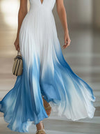Elegant Flowing V-Neck Pleated Lightweight Chiffon Blue Gradient Maxi Dress for Women oaklynwear