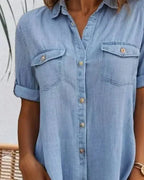 Oaklyn Chambray Shirt Dress – Collared Full Button Down Dual Pocket Casual Summer Style oaklynwear