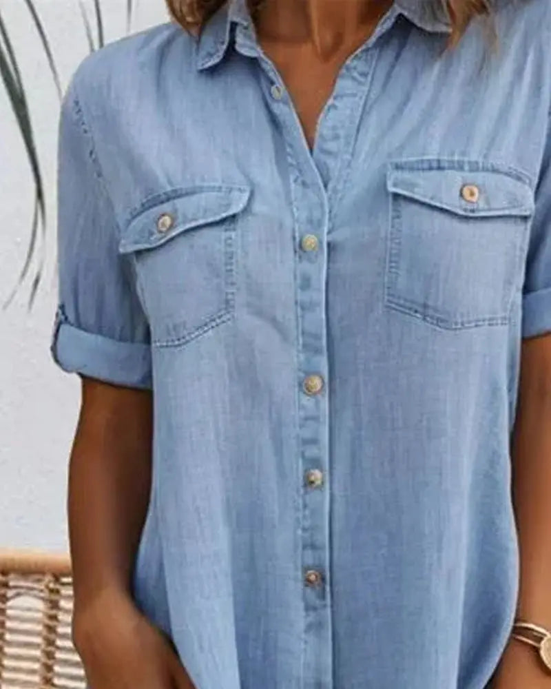Oaklyn Chambray Shirt Dress – Collared Full Button Down Dual Pocket Casual Summer Style oaklynwear