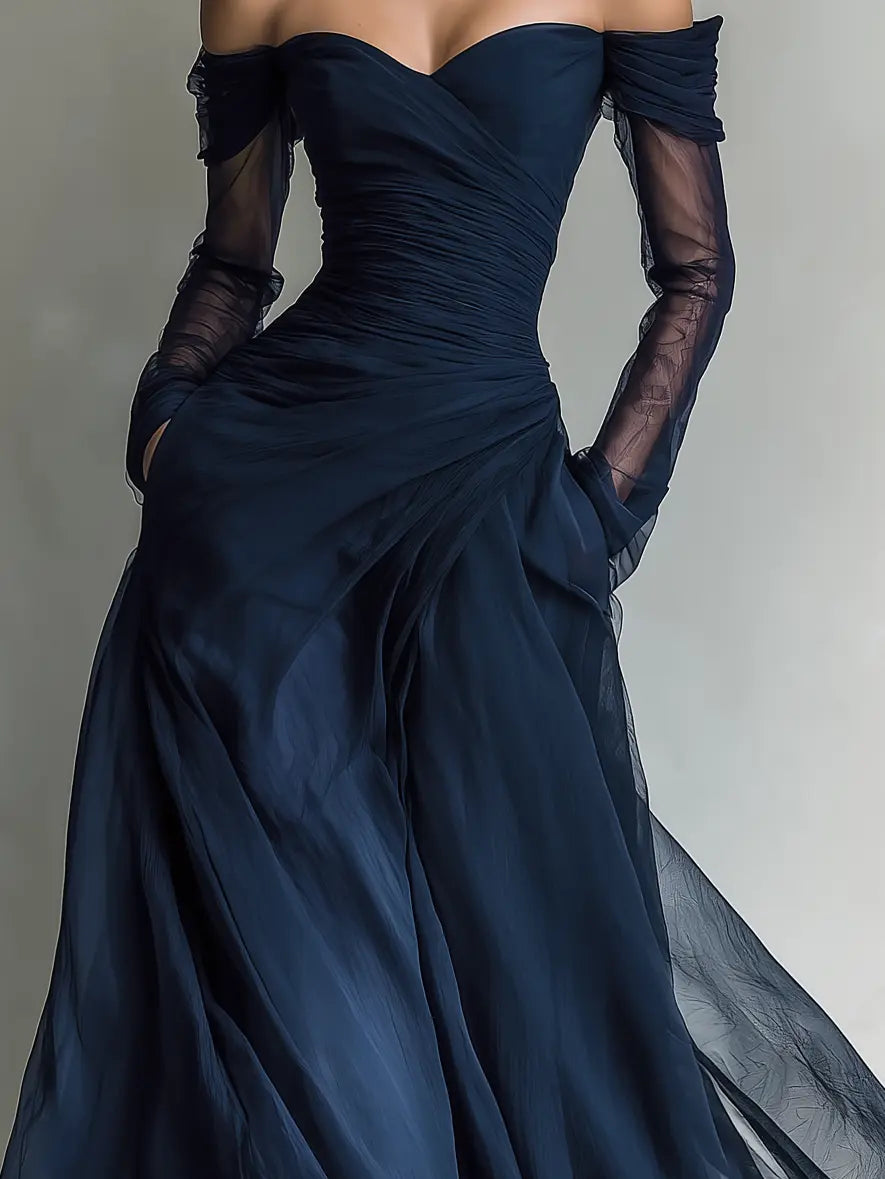 Adriana | Women's Elegant Dark Blue Chiffon Organza Off-Shoulder Long-Sleeved Fitted Maxi Dress oaklynwear