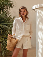 Brielle | Sheer Linen Shirt Striped Shorts Set oaklynwear