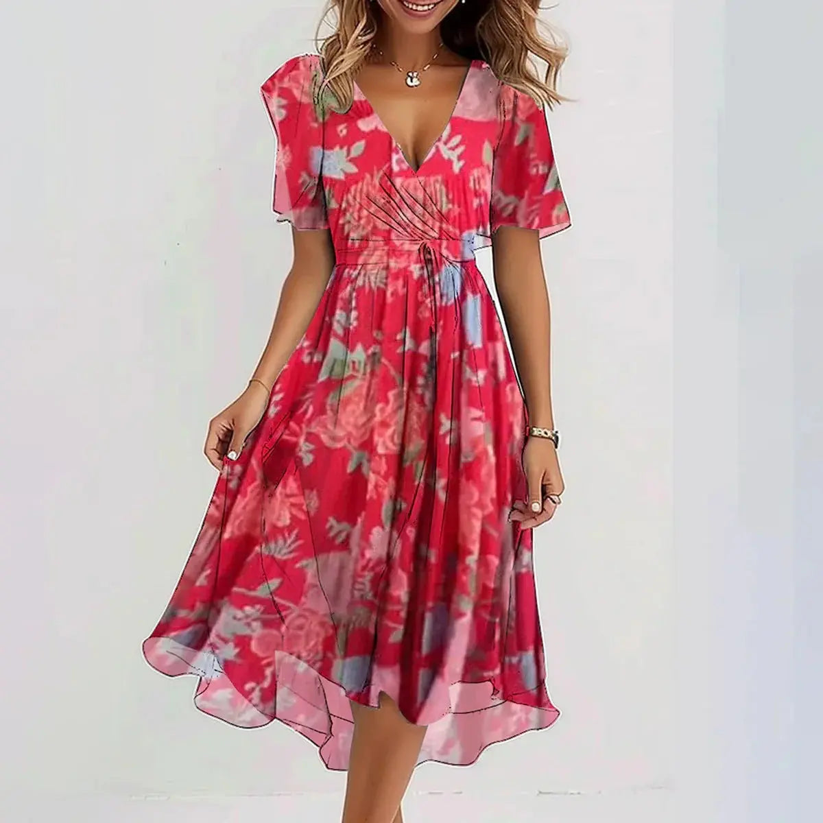 Oaklyn Ditsy Floral Chiffon Midi Dress – Wrap V-Neck Flutter Sleeve Tie Waist Elegant Style oaklynwear