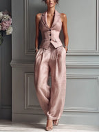 Lily | Women's Blush Pink Linen Fabric Sleeveless Vest & Wide-Leg Pants Two-Piece Set With Lapel Collar oaklynwear