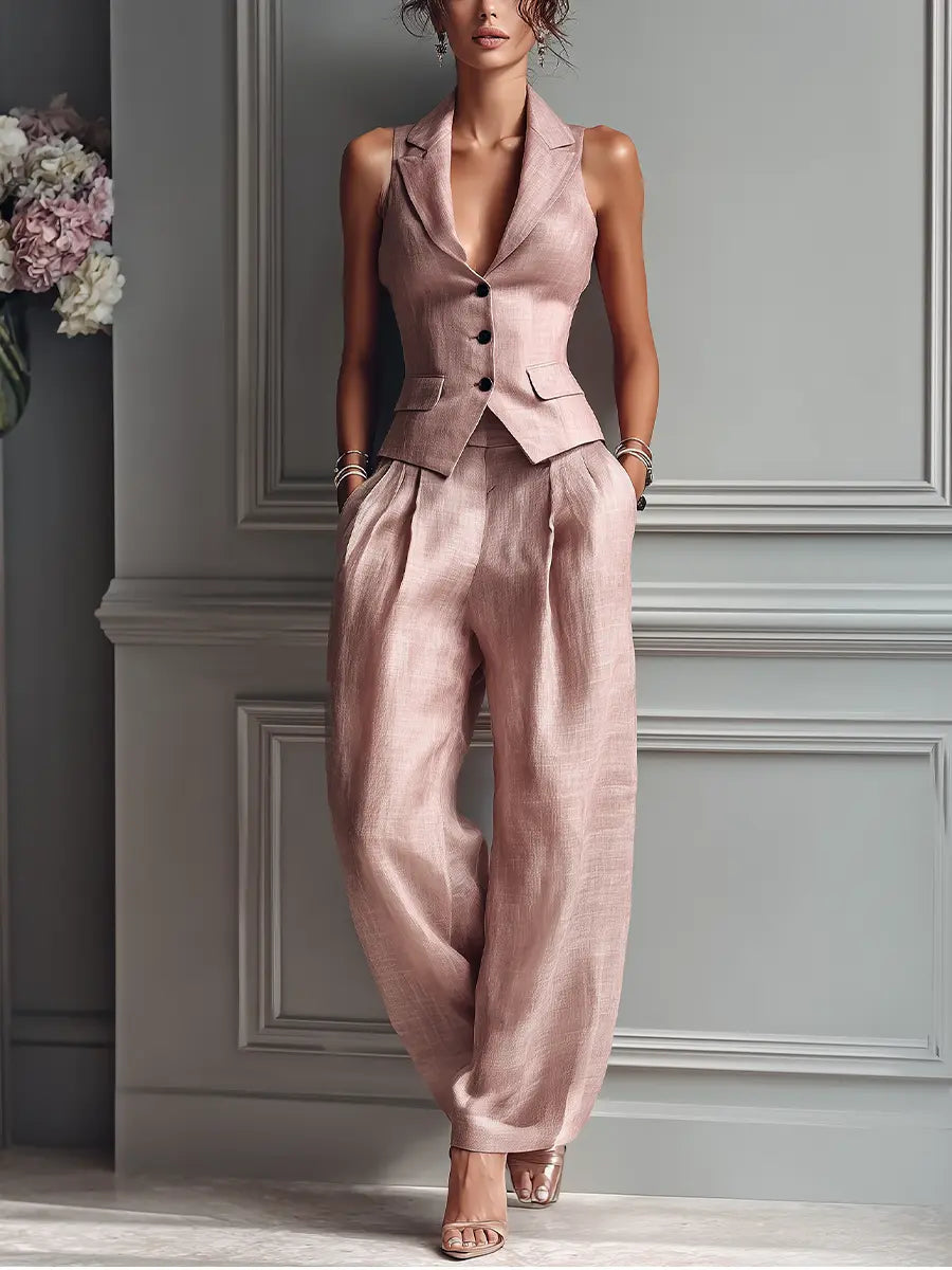 Lily | Women's Blush Pink Linen Fabric Sleeveless Vest & Wide-Leg Pants Two-Piece Set With Lapel Collar oaklynwear